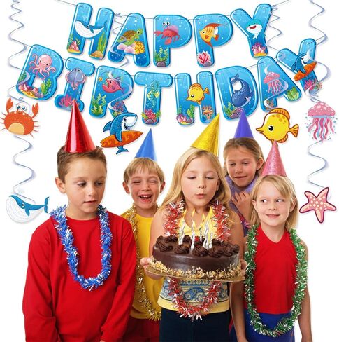 Under the Sea Party Decorations Sea Animal Birthday Party Supplies, Ocean Animal Birthday Banner Hanging Swirls Marine Creature Shark Starfish Dolphin Octopus Fish Banner Ocean Theme Party Decorations in Saudi Arabia