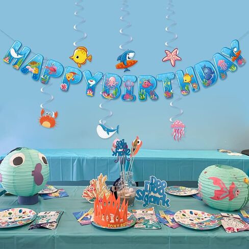 Under the Sea Party Decorations Sea Animal Birthday Party Supplies, Ocean Animal Birthday Banner Hanging Swirls Marine Creature Shark Starfish Dolphin Octopus Fish Banner Ocean Theme Party Decorations in Saudi Arabia