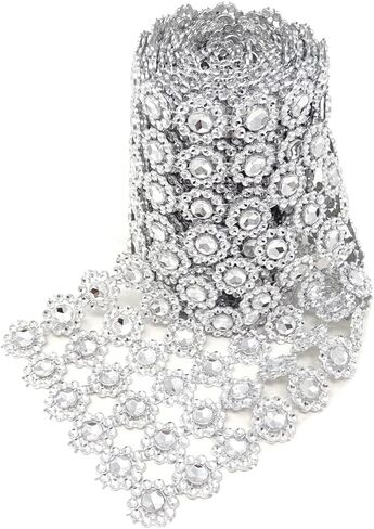 1 Roll of 4 Inch x 2 Yards Sparkling Silver Flower Shape Diamond Mesh Wrap Roll Faux Crystal Rhinestone Mesh Ribbon for Wedding, Birthday, Baby Shower, Arts & Crafts in Saudi Arabia