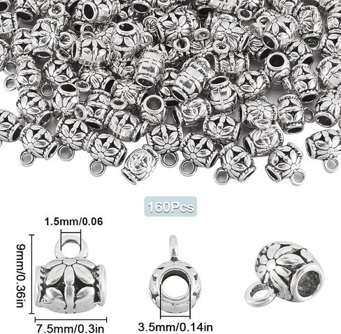 1 Box 160Pcs Round Bail Beads Silver Bail Tube Beads Bulk Alloy Small Tibetan Style Textured Spacers Bead Hanger Bail Bead Connectors for Jewelry Making Charms Pendants Necklaces Supplies DIY in Saudi Arabia