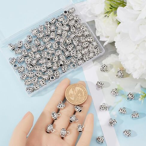 1 Box 160Pcs Round Bail Beads Silver Bail Tube Beads Bulk Alloy Small Tibetan Style Textured Spacers Bead Hanger Bail Bead Connectors for Jewelry Making Charms Pendants Necklaces Supplies DIY in Saudi Arabia