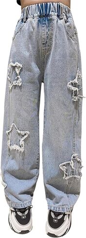 SANGTREE Girls Denim Elastic Waist Wide Leg Pants Baggy Jeans for Girls,2# Black,11-12Y = Tag 160 in Saudi Arabia
