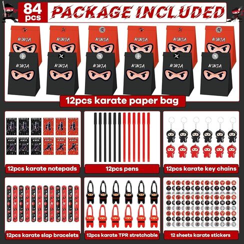 84pcs Karate Party Favor Colorful Karate Paper Bag Notepad Pen Slap Bracelets Key Chain TPR Stretchy Flying Toys Stickers Karate Party Supplies for Boys Girls Birthday Classroom Activities Party Kits in Kuwait