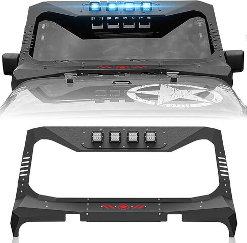 غطاء إطار الزجاج الأمامي من أجل Wrangler JK Mad Max Roof Sun Visor Body Armor متوافق مع 2007-2018 Jeep Wrangler JK JKU مع 4 مصابيح LED، واقي أمامي لحامل الزجاج الأمامي in Saudi Arabia