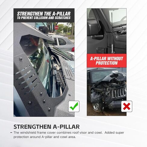 غطاء إطار الزجاج الأمامي من أجل Wrangler JK Mad Max Roof Sun Visor Body Armor متوافق مع 2007-2018 Jeep Wrangler JK JKU مع 4 مصابيح LED، واقي أمامي لحامل الزجاج الأمامي in Saudi Arabia