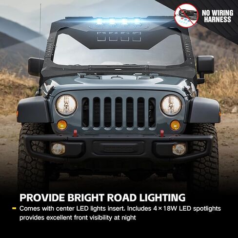 غطاء إطار الزجاج الأمامي من أجل Wrangler JK Mad Max Roof Sun Visor Body Armor متوافق مع 2007-2018 Jeep Wrangler JK JKU مع 4 مصابيح LED، واقي أمامي لحامل الزجاج الأمامي in Saudi Arabia