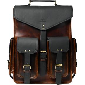 Full Grain Leather Backpack for Men & Women – 18 Inch Black Flap with Brown Hardwax Leather, Cotton Lining, Brass Buckles, Brass Zipper, 10L Travel Laptop Rucksack in Saudi Arabia