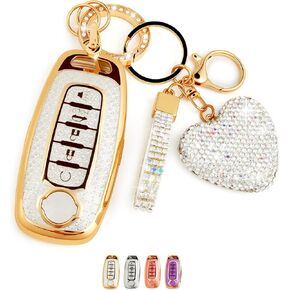 5 Button Key Fob Cover with Diamond, Compatible with Nissan Rogue Pathfinder Versa Kicks Ariya Sentra Armada, Sparkling TPU Key Case and Bling Heart Decoration for Women, A-Style (Silver) in Saudi Arabia