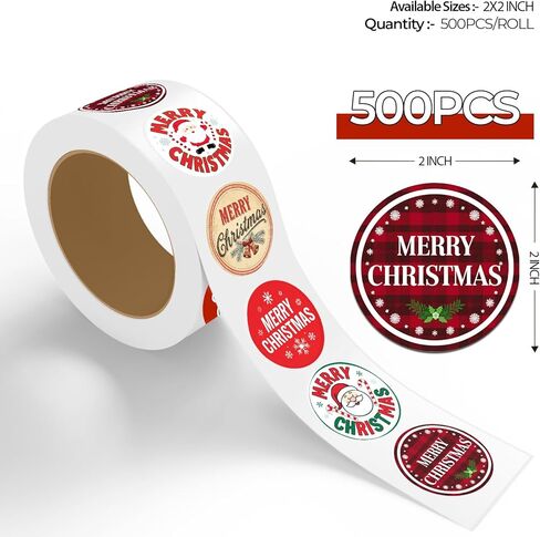 ملصقات عيد الميلاد من ستيكر جيت مقاس 2 × 2 بوصة، 500 قطعة ملصقات دائرية ذاتية اللصق لهدايا عيد الميلاد والحرف والأظرف - ملصقات ديكورات حفلات العطلات (5 تصميمات متنوعة) - الطراز 4 in Kuwait