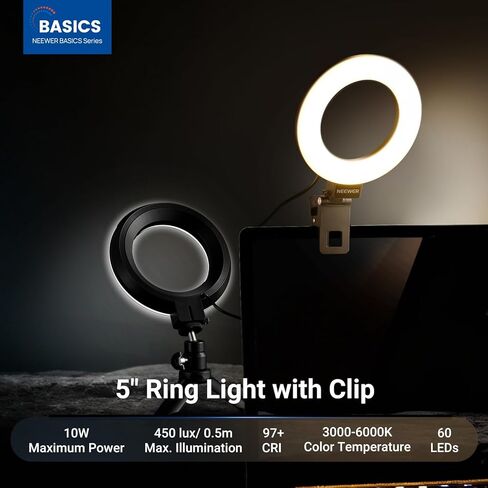 NEEWER 5" Ring Light with Clip & Tripod, 10W 3000k-6000K Dimmable Clip on Light for Laptop Computer Monitor Video Conferencing, Selfie, Vlog, Makeup, Live Streaming, Video Recording, BR60 Basic in Kuwait