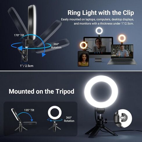 NEEWER 5" Ring Light with Clip & Tripod, 10W 3000k-6000K Dimmable Clip on Light for Laptop Computer Monitor Video Conferencing, Selfie, Vlog, Makeup, Live Streaming, Video Recording, BR60 Basic in Kuwait
