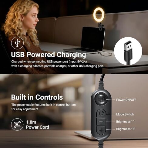 NEEWER 5" Ring Light with Clip & Tripod, 10W 3000k-6000K Dimmable Clip on Light for Laptop Computer Monitor Video Conferencing, Selfie, Vlog, Makeup, Live Streaming, Video Recording, BR60 Basic in Kuwait