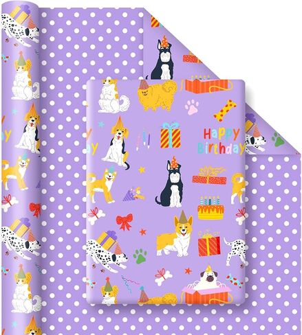 JarThenaAMCS Dog Wrapping Paper -Mini Roll- 17 In x 32.8 Ft Purple Dots Happy Birthday Double Sided Puppy Gift Wrap Paper for Holiday Birthday Baby Shower Party Wrapping Supplies in Saudi Arabia