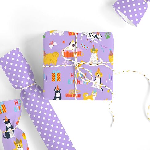 JarThenaAMCS Dog Wrapping Paper -Mini Roll- 17 In x 32.8 Ft Purple Dots Happy Birthday Double Sided Puppy Gift Wrap Paper for Holiday Birthday Baby Shower Party Wrapping Supplies in Saudi Arabia
