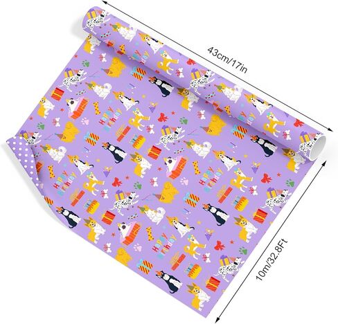 JarThenaAMCS Dog Wrapping Paper -Mini Roll- 17 In x 32.8 Ft Purple Dots Happy Birthday Double Sided Puppy Gift Wrap Paper for Holiday Birthday Baby Shower Party Wrapping Supplies in Saudi Arabia