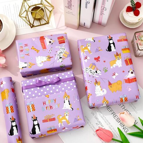 JarThenaAMCS Dog Wrapping Paper -Mini Roll- 17 In x 32.8 Ft Purple Dots Happy Birthday Double Sided Puppy Gift Wrap Paper for Holiday Birthday Baby Shower Party Wrapping Supplies in Saudi Arabia