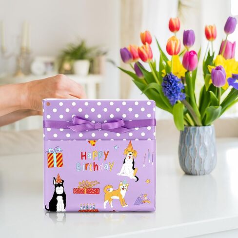 JarThenaAMCS Dog Wrapping Paper -Mini Roll- 17 In x 32.8 Ft Purple Dots Happy Birthday Double Sided Puppy Gift Wrap Paper for Holiday Birthday Baby Shower Party Wrapping Supplies in Saudi Arabia