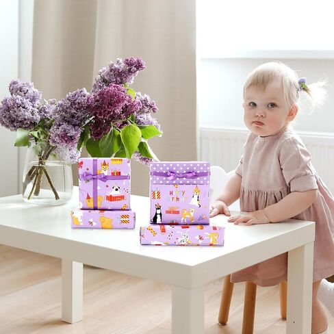 JarThenaAMCS Dog Wrapping Paper -Mini Roll- 17 In x 32.8 Ft Purple Dots Happy Birthday Double Sided Puppy Gift Wrap Paper for Holiday Birthday Baby Shower Party Wrapping Supplies in Saudi Arabia