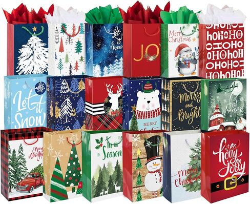 24 Large Kraft Christmas Gift Paper Bags Bulk with handles and 60 Count Christmas Gift Tags-12 Designs big size sacks set for Wrapping Xmas Holiday Presents in Kuwait