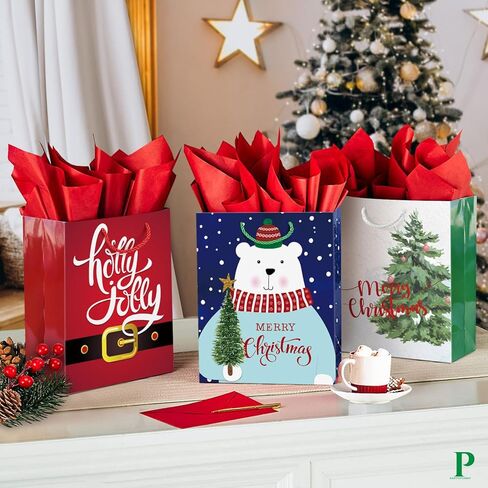 24 Large Kraft Christmas Gift Paper Bags Bulk with handles and 60 Count Christmas Gift Tags-12 Designs big size sacks set for Wrapping Xmas Holiday Presents in Kuwait