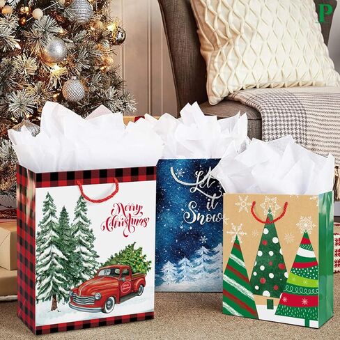 24 Large Kraft Christmas Gift Paper Bags Bulk with handles and 60 Count Christmas Gift Tags-12 Designs big size sacks set for Wrapping Xmas Holiday Presents in Kuwait