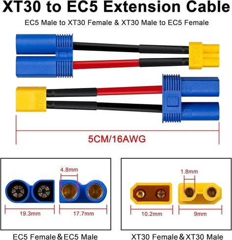 محول بطارية XT30 إلى EC5 صغير الحجم للغاية (2 بوصة) - سلك سيليكون عالي الحرارة 16AWG - لطائرات FPV بدون طيار، سيارات RC، بطاريات LiPo والشواحن - اتصال آمن in Saudi Arabia