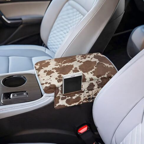Wanyint Brown Beige Cow Print Car Center Console Pad Comfortable Armrest Box Protector Soft Hand Rest Pillow for Car Seat Organizer Arm Rest Cushion Protective Cover Automobile Decor in Saudi Arabia
