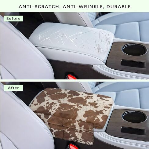 Wanyint Brown Beige Cow Print Car Center Console Pad Comfortable Armrest Box Protector Soft Hand Rest Pillow for Car Seat Organizer Arm Rest Cushion Protective Cover Automobile Decor in Saudi Arabia