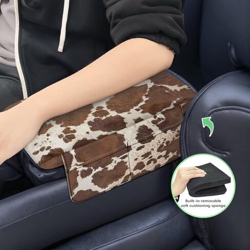 Wanyint Brown Beige Cow Print Car Center Console Pad Comfortable Armrest Box Protector Soft Hand Rest Pillow for Car Seat Organizer Arm Rest Cushion Protective Cover Automobile Decor in Saudi Arabia