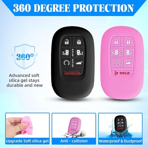 QBUC قطعتان من غطاء مفتاح Honda Key Fob، حافظة مفاتيح من السيليكون مع سلسلة مفاتيح متوافقة مع Honda 2024 2025 Odyssey، 7 أزرار (أسود + وردي) in Kuwait