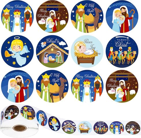 Whaline 1000Pcs Christmas Stickers 1.5Inch Jesus Sticker Nativity Round Stickers in Roll Birth of Jesus Story Label Stickers Holy Night Paper Sticker for Xmas Seals Card Envelopes, 8 Design in Saudi Arabia
