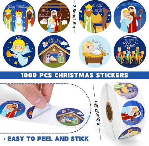 Whaline 1000Pcs Christmas Stickers 1.5Inch Jesus Sticker Nativity Round Stickers in Roll Birth of Jesus Story Label Stickers Holy Night Paper Sticker for Xmas Seals Card Envelopes, 8 Design in Saudi Arabia