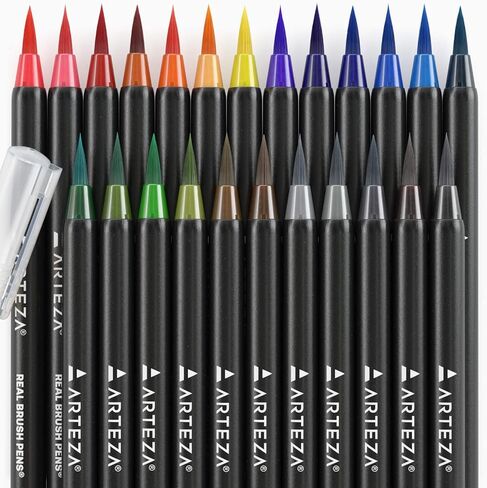ARTEZA Real Brush Pens, 96 Watercolor Pens with 108-Slot Case, Drawing Markers with Flexible Brush Tips, Watercolor Markers for Artists in Kuwait