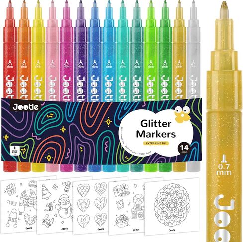 Glitter Acrylic Paint Markers 14 Colors– Metallic Paint Pens for Rock Painting, Wood, Ceramic, Paper & DIY Crafts – 0.7mm Fine Tip Glitter Markers for Scrapbooking, Card Making & Journaling in Saudi Arabia