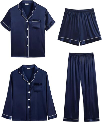 SWOMOG Mens Satin Silk Pajamas Set 3pcs Short Sleeve Sleepwear Silky Button Down Pjs Sets Classic Loungewear Nightwear in Saudi Arabia
