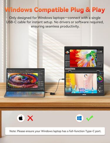 موسع شاشة كمبيوتر محمول ثلاثي، شاشة مزدوجة مكدسة مقاس 15.6 بوصة (Windows/MAC)، شاشة ممتدة USB-C HDMI 1080P IPS، توصيل وتشغيل، موسع شاشة قابل للطي مع مسند ودوران 180 درجة in Kuwait