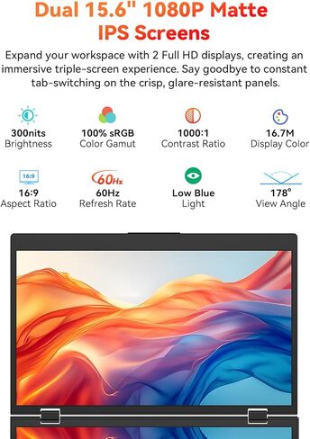 موسع شاشة كمبيوتر محمول ثلاثي، شاشة مزدوجة مكدسة مقاس 15.6 بوصة (Windows/MAC)، شاشة ممتدة USB-C HDMI 1080P IPS، توصيل وتشغيل، موسع شاشة قابل للطي مع مسند ودوران 180 درجة in Kuwait
