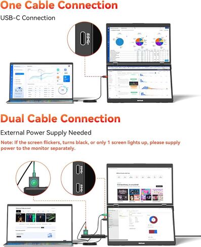 موسع شاشة كمبيوتر محمول ثلاثي، شاشة مزدوجة مكدسة مقاس 15.6 بوصة (Windows/MAC)، شاشة ممتدة USB-C HDMI 1080P IPS، توصيل وتشغيل، موسع شاشة قابل للطي مع مسند ودوران 180 درجة in Kuwait
