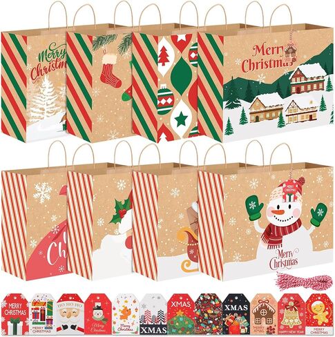 woric 16 Extra Large Christmas Gift Paper Bags with Handles, 48 Christmas Gift Tags, 20x15x7 Inch Large Xmas Gift Bags for Wrapping Presents Party Supplies Stocking Stuffers in Saudi Arabia