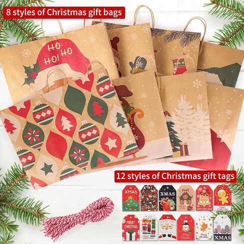 woric 16 Extra Large Christmas Gift Paper Bags with Handles, 48 Christmas Gift Tags, 20x15x7 Inch Large Xmas Gift Bags for Wrapping Presents Party Supplies Stocking Stuffers in Saudi Arabia