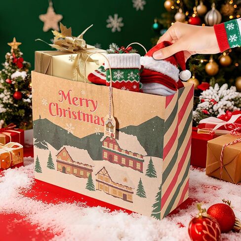 woric 16 Extra Large Christmas Gift Paper Bags with Handles, 48 Christmas Gift Tags, 20x15x7 Inch Large Xmas Gift Bags for Wrapping Presents Party Supplies Stocking Stuffers in Saudi Arabia