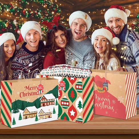 woric 16 Extra Large Christmas Gift Paper Bags with Handles, 48 Christmas Gift Tags, 20x15x7 Inch Large Xmas Gift Bags for Wrapping Presents Party Supplies Stocking Stuffers in Saudi Arabia