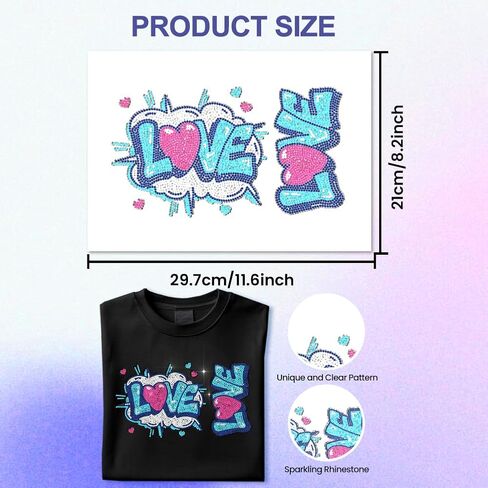 ANATTASOUL Rhinestone Iron on Transfer Love and Comics Bling Diamond Hotfix Patches for Clothes, 11.6"x8.2" Large Iron On Sequin Applique for Jacket Caps Bag T-Shirts Shoes DIY Decor in Saudi Arabia