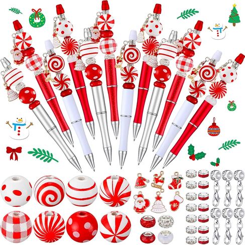Fuutreo 12 Pcs Christmas Beadable Pens Kit Silicone Plastic Wooden Beaded Pens Candy Beads Pen Snowmen Santa Bead Ballpoint Pen Black Ink for Students Kids Teacher School Making DIY(Plastic) in Kuwait