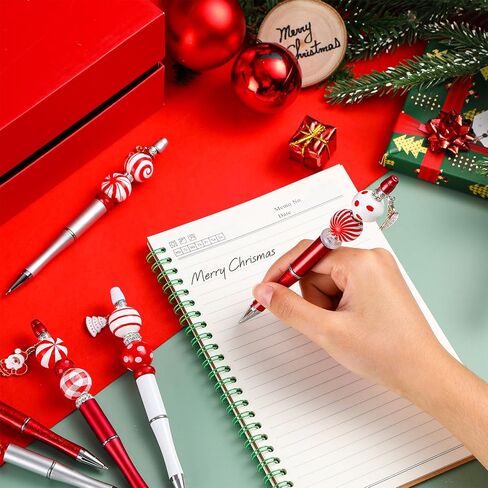 Fuutreo 12 Pcs Christmas Beadable Pens Kit Silicone Plastic Wooden Beaded Pens Candy Beads Pen Snowmen Santa Bead Ballpoint Pen Black Ink for Students Kids Teacher School Making DIY(Plastic) in Kuwait