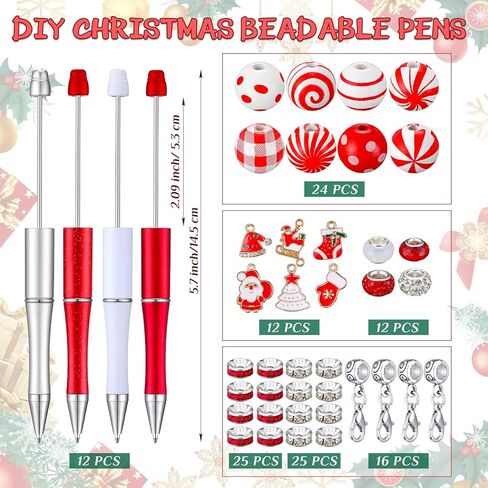 Fuutreo 12 Pcs Christmas Beadable Pens Kit Silicone Plastic Wooden Beaded Pens Candy Beads Pen Snowmen Santa Bead Ballpoint Pen Black Ink for Students Kids Teacher School Making DIY(Plastic) in Kuwait