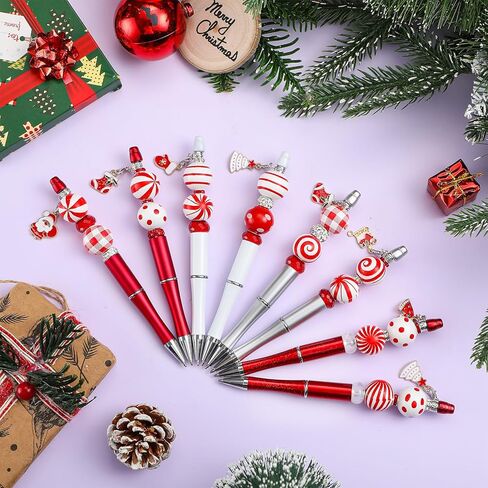 Fuutreo 12 Pcs Christmas Beadable Pens Kit Silicone Plastic Wooden Beaded Pens Candy Beads Pen Snowmen Santa Bead Ballpoint Pen Black Ink for Students Kids Teacher School Making DIY(Plastic) in Kuwait