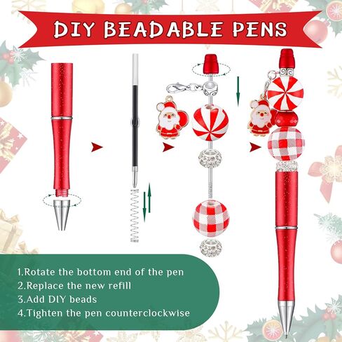 Fuutreo 12 Pcs Christmas Beadable Pens Kit Silicone Plastic Wooden Beaded Pens Candy Beads Pen Snowmen Santa Bead Ballpoint Pen Black Ink for Students Kids Teacher School Making DIY(Plastic) in Kuwait