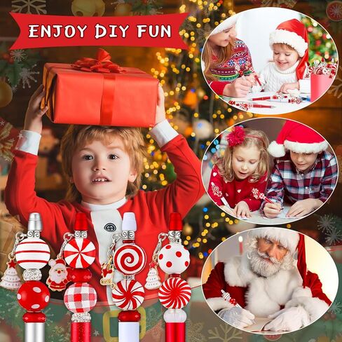 Fuutreo 12 Pcs Christmas Beadable Pens Kit Silicone Plastic Wooden Beaded Pens Candy Beads Pen Snowmen Santa Bead Ballpoint Pen Black Ink for Students Kids Teacher School Making DIY(Plastic) in Kuwait