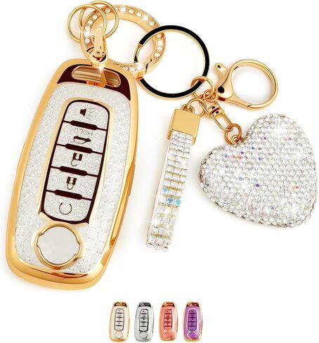 5 Button Key Fob Cover with Diamond, Compatible with Nissan Rogue Pathfinder Versa Kicks Ariya Sentra Armada, Sparkling TPU Key Case and Bling Heart Decoration for Women, A-Style (Silver) in Saudi Arabia